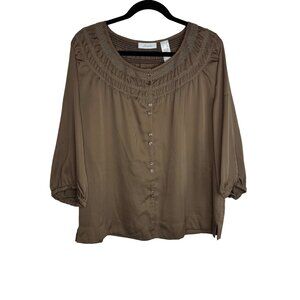 JH‎ Collectibles Womens XL Smocked Neck Button-Front Blouse In Olive Green